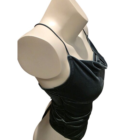Abercrombie & Fitch Womens Green S Velvet Bodysuit Spaghetti Straps Cowl Neck - Picture 3 of 6